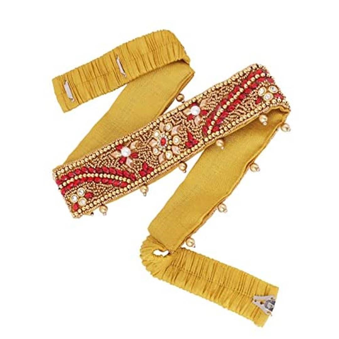 Vama's CRAFT stretchable Cloth Vaddanam kamarbandhani, waist belt,belly chain.  This is a Traditional Belt called Kamarbandh, Waist Belt or Belly Chain wore on Saree or traditional Gown or Lehenga. Traditional look with embroidered Golden Belt ( Kmarbandh ) for wedding season. Jewellery Golden Zari Embroidery Wedding Saree Waist Belt, Belly Chain, Wide Hand Embroidery.